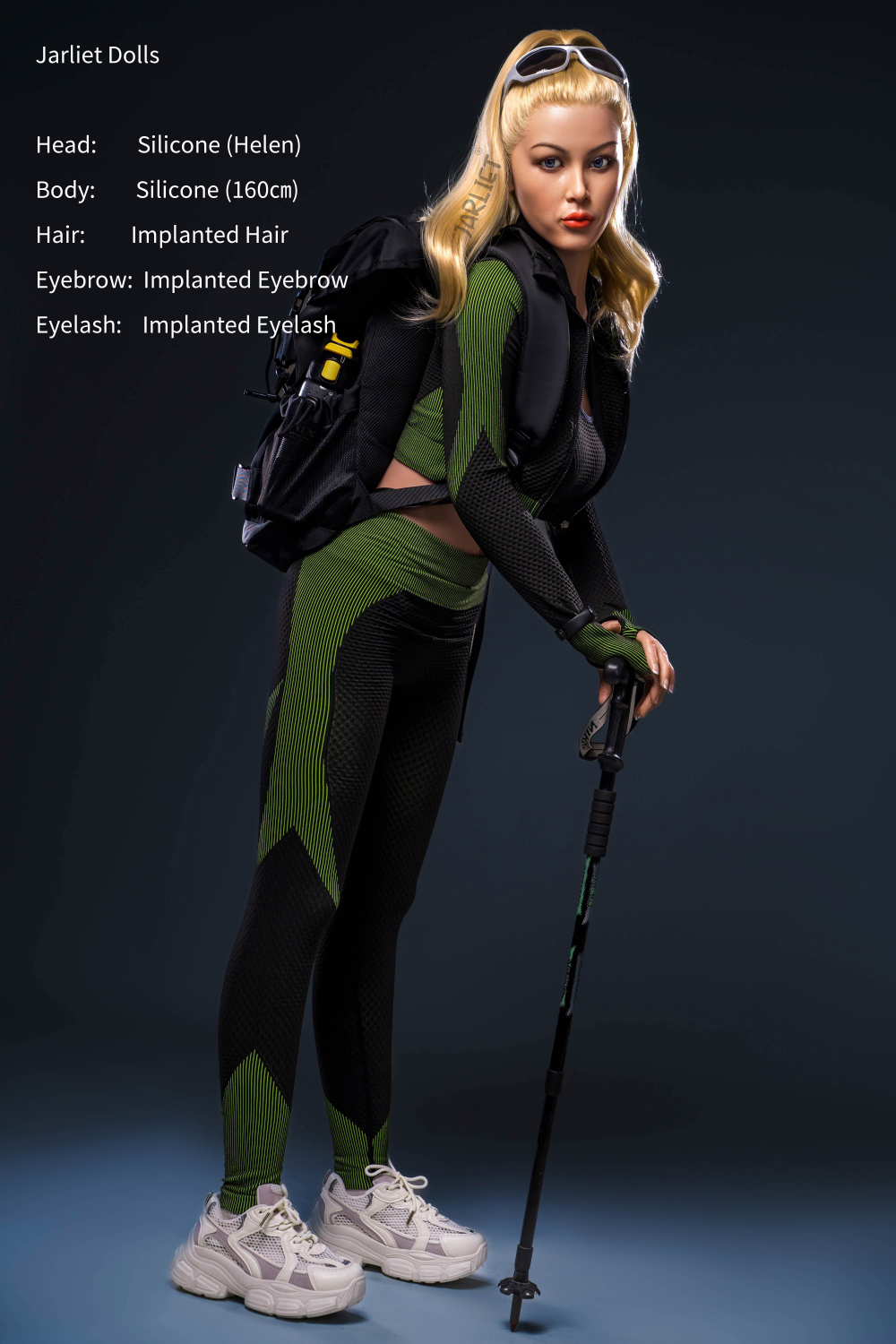 Jarliet Doll 160 cm C Silicone - Helen wearing a green and black outfit with a backpack.