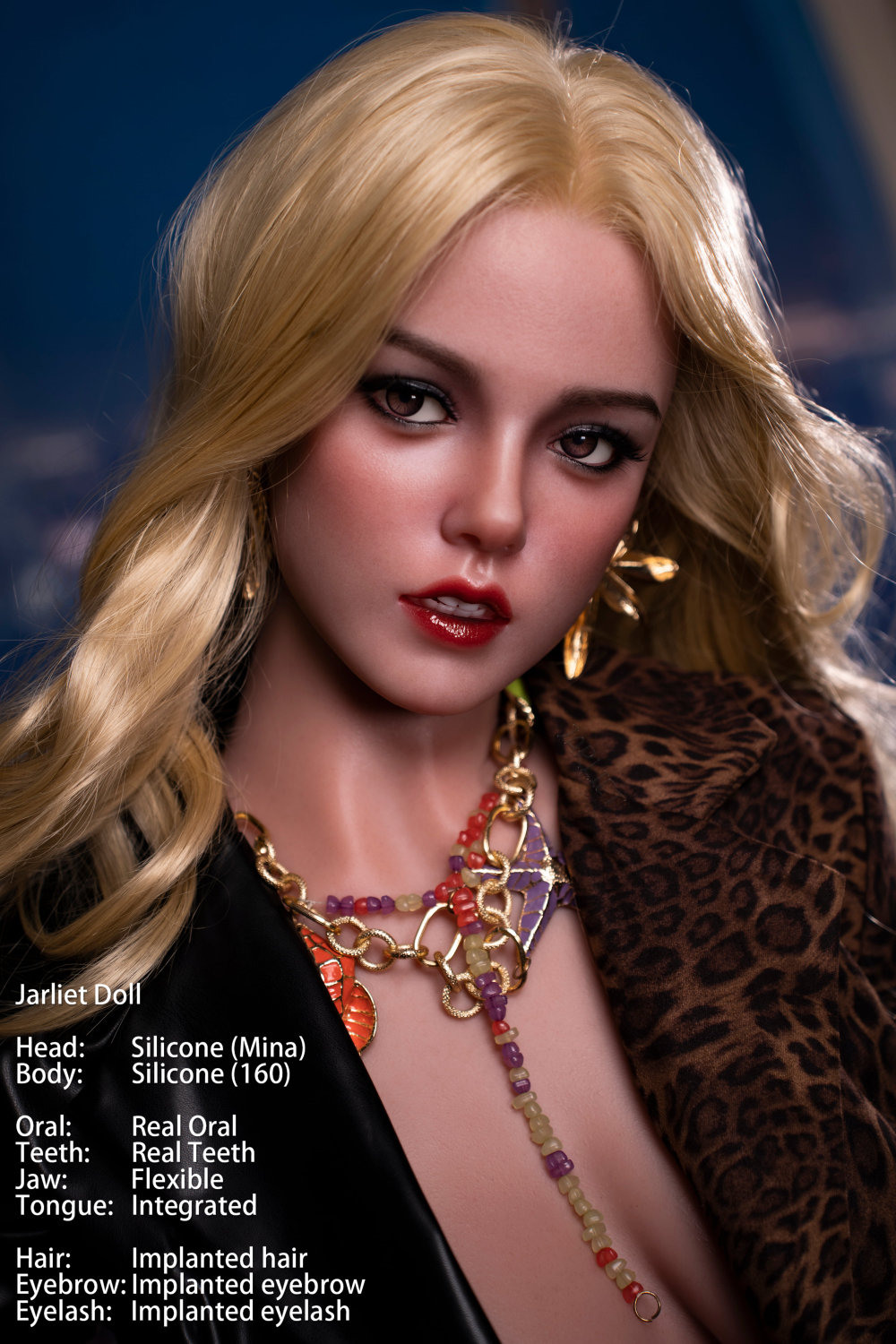 Jarliet Doll 160 cm C Silicone - Mina with blonde hair, wearing a leopard print garment and colorful necklace.