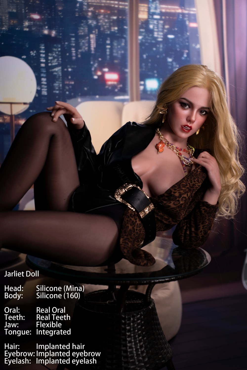 Jarliet Doll 160 cm C Silicone - Mina  sitting in a table against a cityscape background