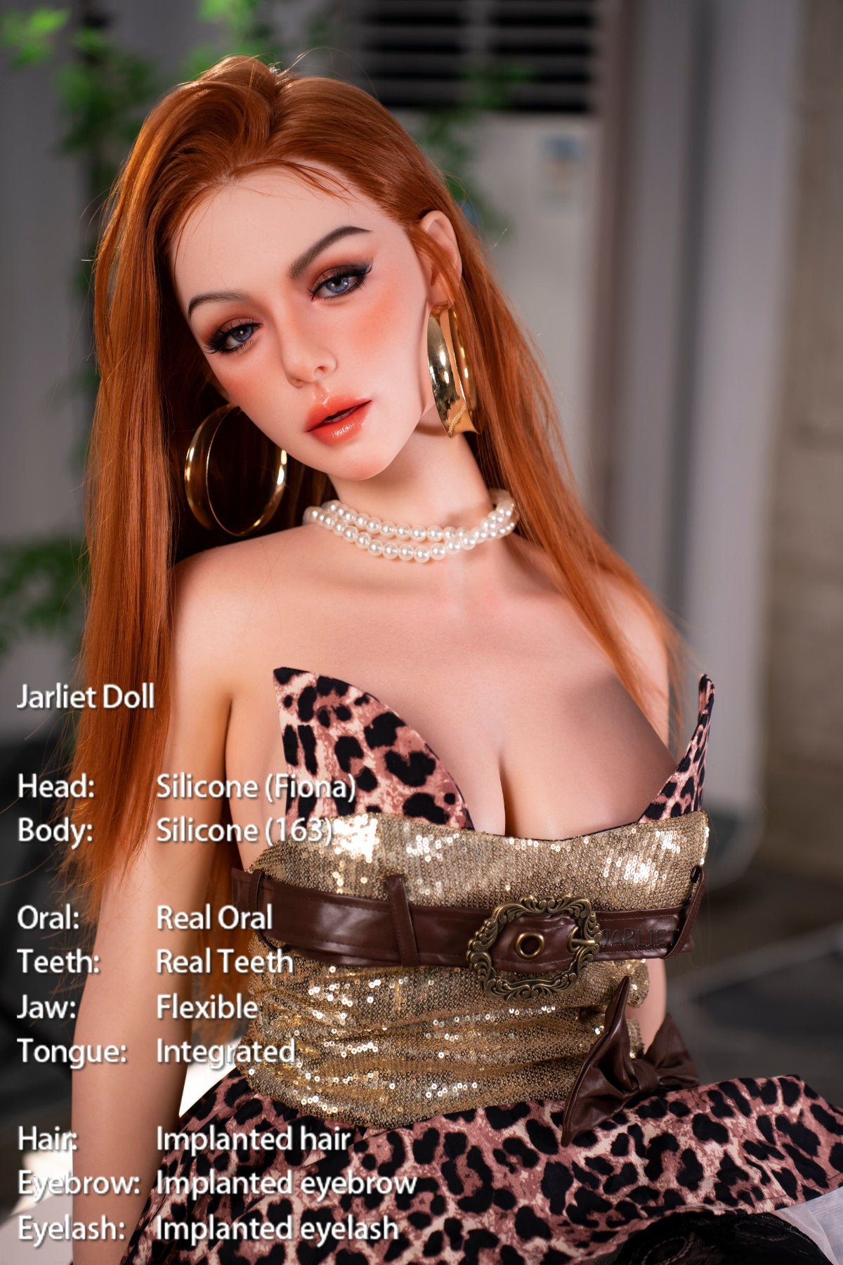 Jarliet Doll 163 cm D Silicone - Fiona seated portrait in a fitted leopard-print dress, layered pearl necklace, deep-red wavy hair, one hand resting lightly at her chest