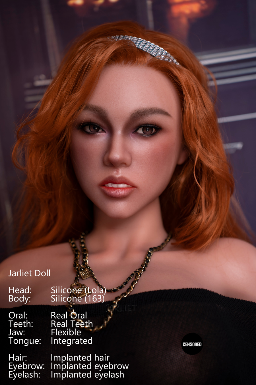Jarliet Doll 163 cm D Silicone - Lola with red hair and black top against a cityscape background