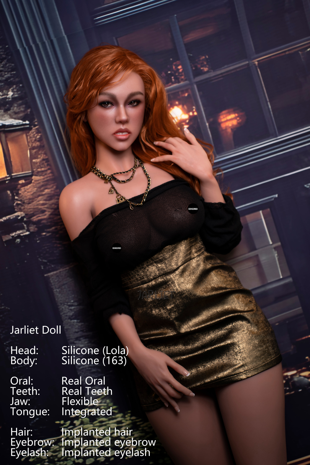 Jarliet Doll 163 cm D Silicone - Lola with red hair and a black and gold outfit against a modern background