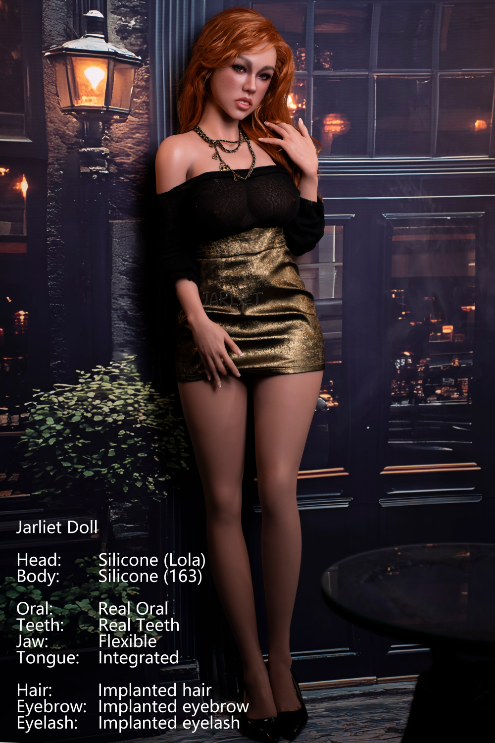 Jarliet Doll 163 cm D Silicone - Lola standing while leaning against a cityscape background