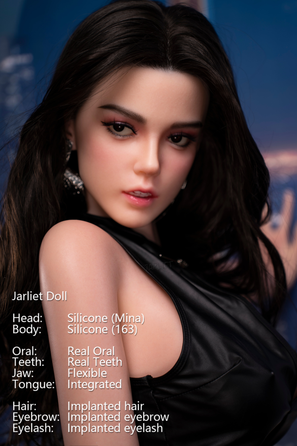 Jarliet Doll 163 cm D Silicone - Mina with detailed specifications on a city background