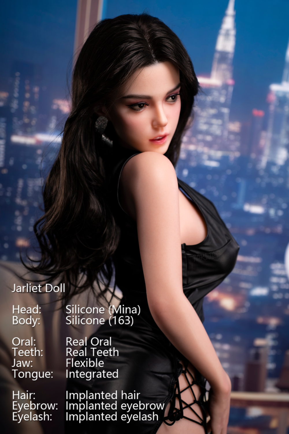 Jarliet Doll 163 cm D Silicone - Mina with detailed specifications against a cityscape background