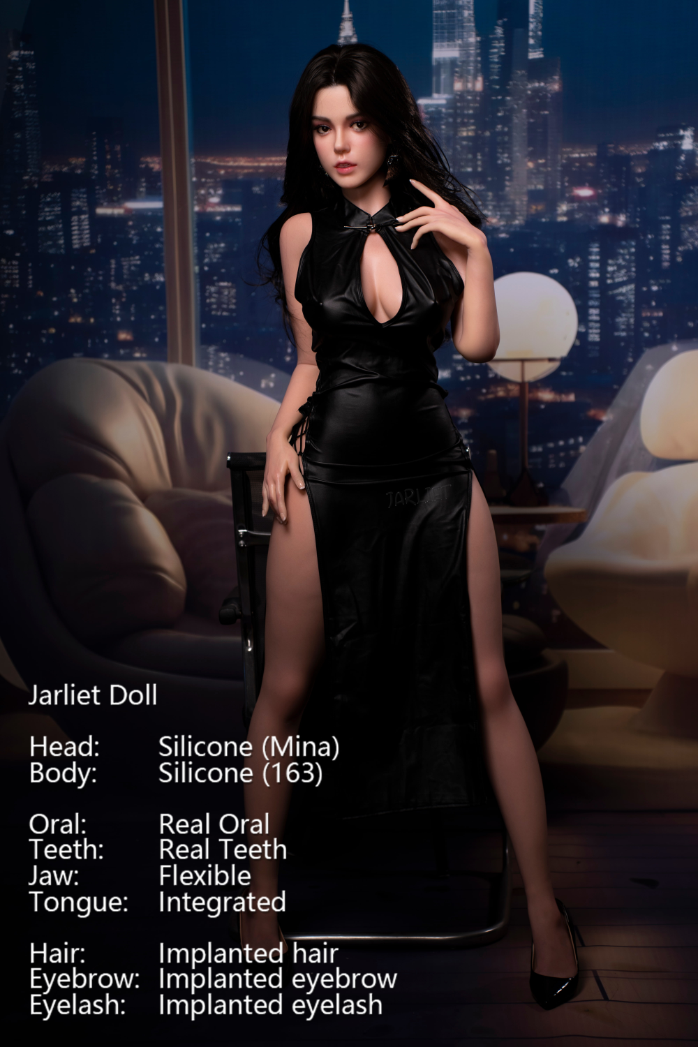 Jarliet Doll 163 cm D Silicone - Mina in a black dress with cityscape background