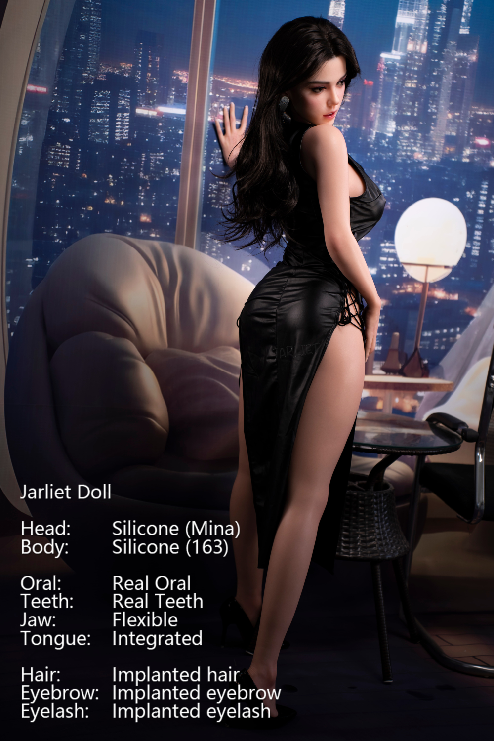 Jarliet Doll 163 cm D Silicone - Mina in a black dress standing in a room with a cityscape view.