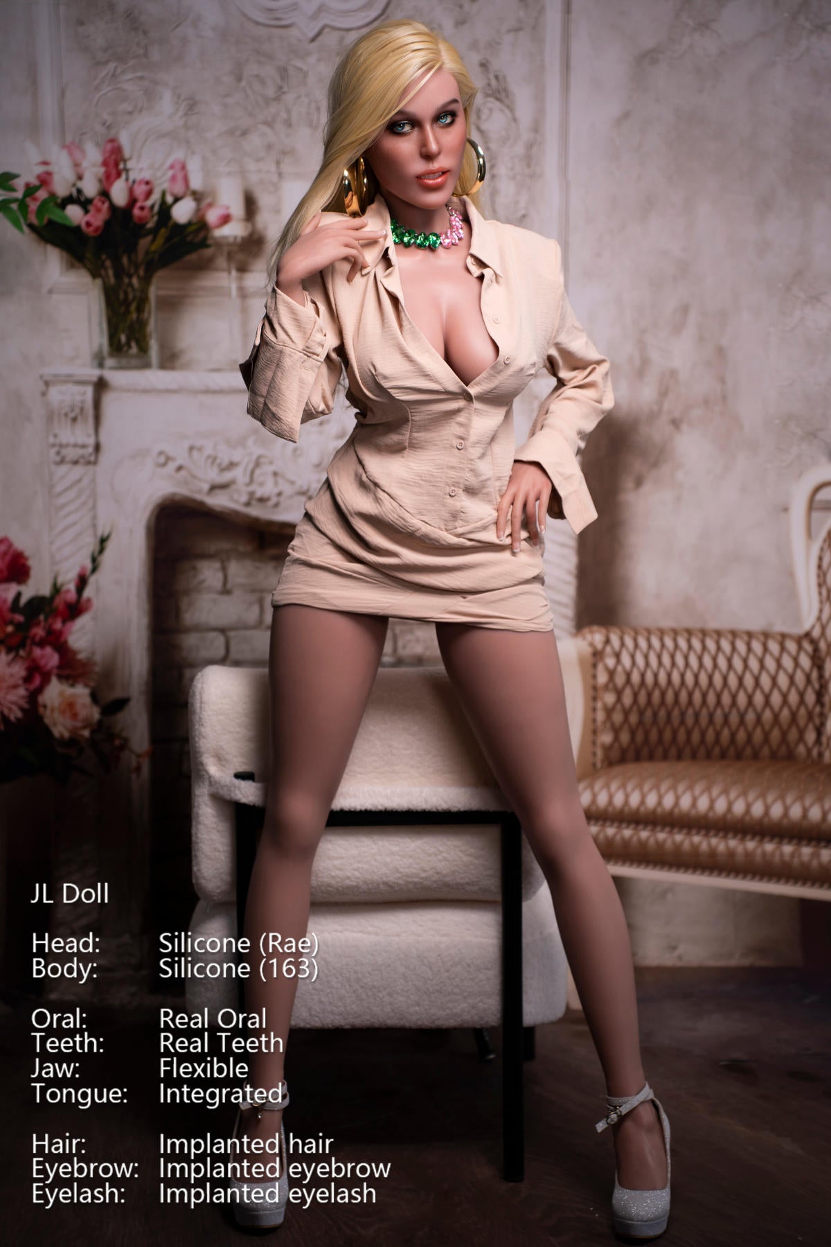 Full-length view of the Rae doll standing elegantly in a beige shirt dress and high heels.