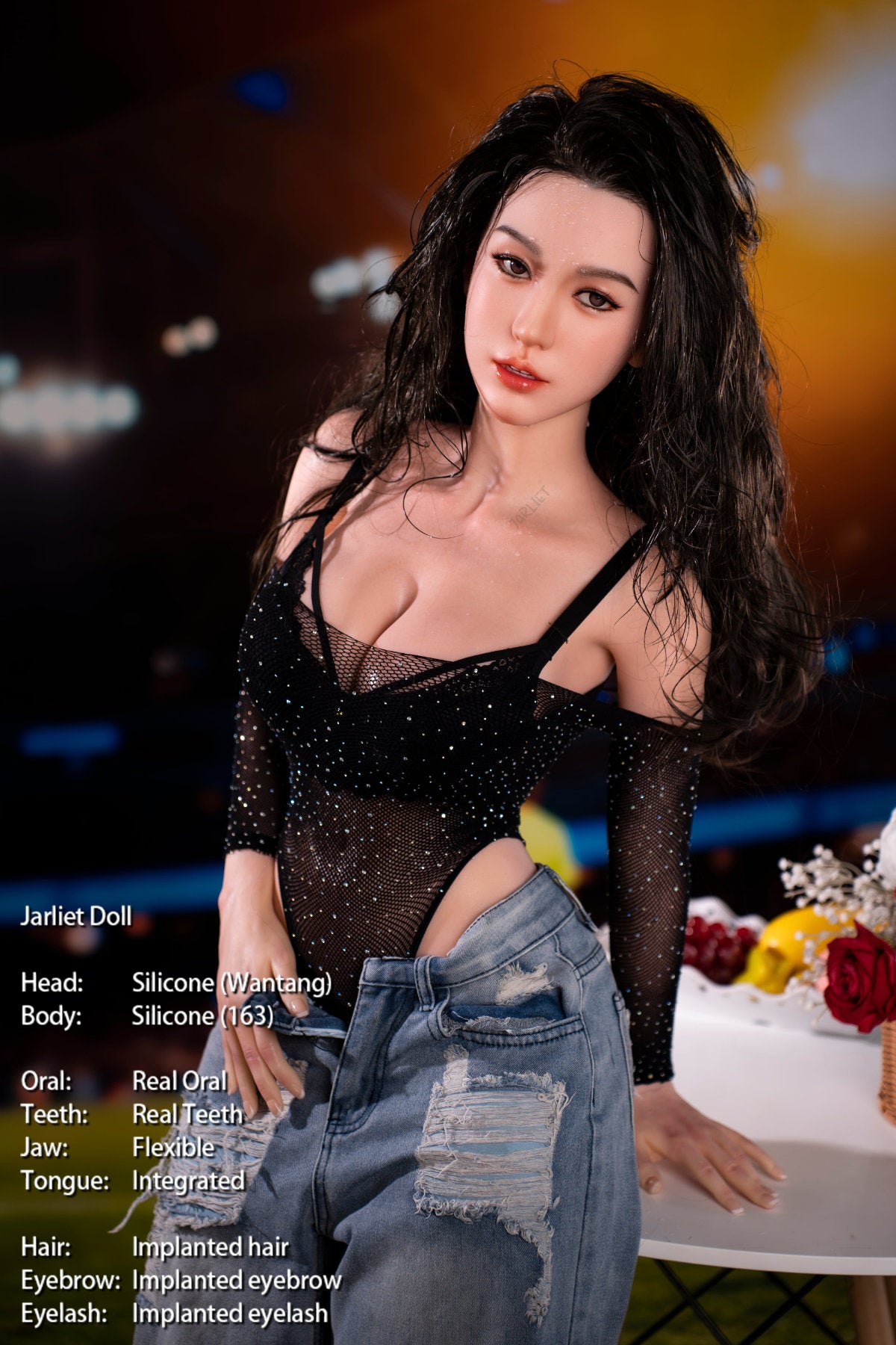 Jarliet Doll 163 cm D Silicone - Wantang seated portrait in a black lace top and ripped denim jeans, dark wavy hair, night carnival lights in the background