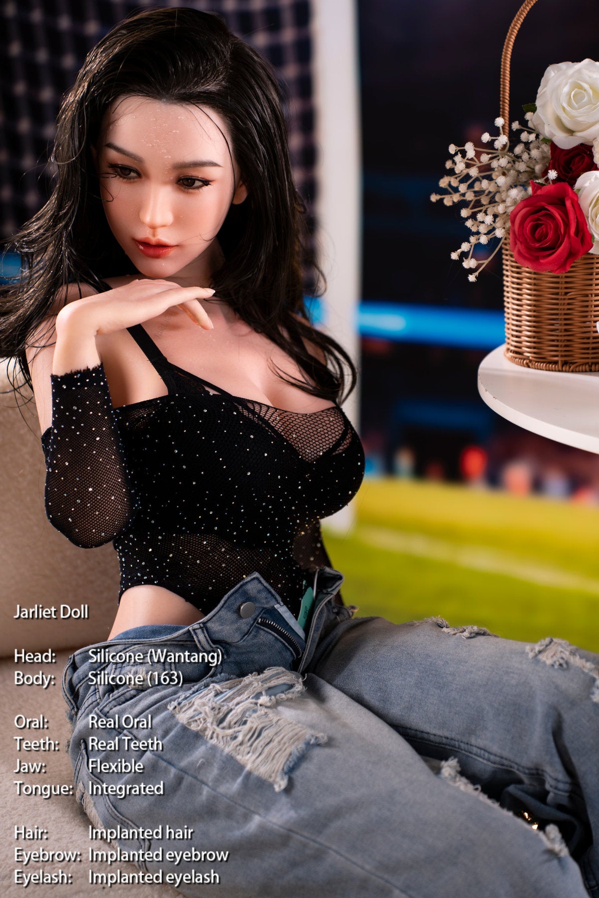 Jarliet Doll 163 cm D Silicone - Wantang close-up portrait, hand near her face, dark wavy hair lit by warm fairground lights