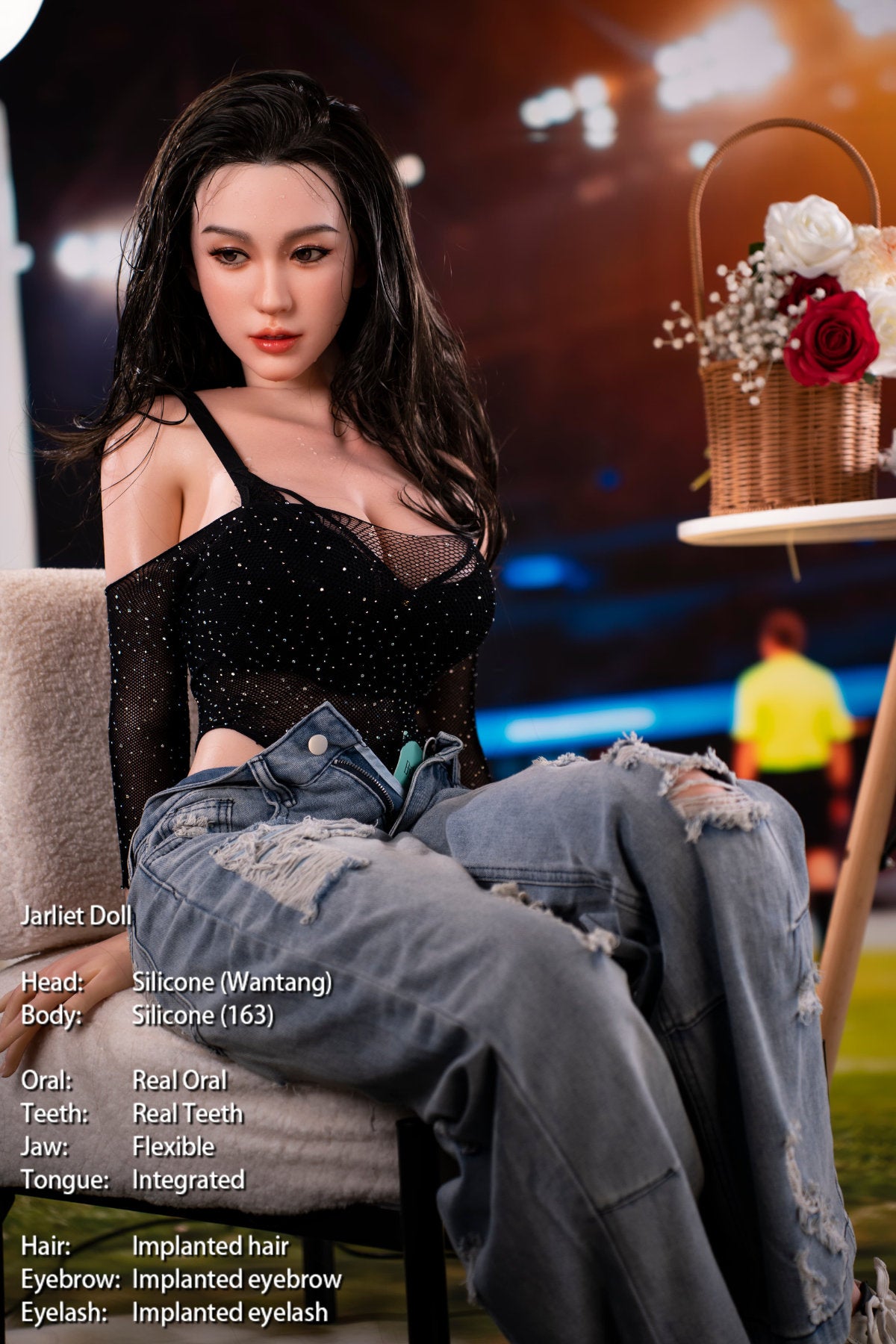 Jarliet Doll 163 cm D Silicone - Wantang seated holding a small bouquet, black lace top and ripped jeans, night carnival setting