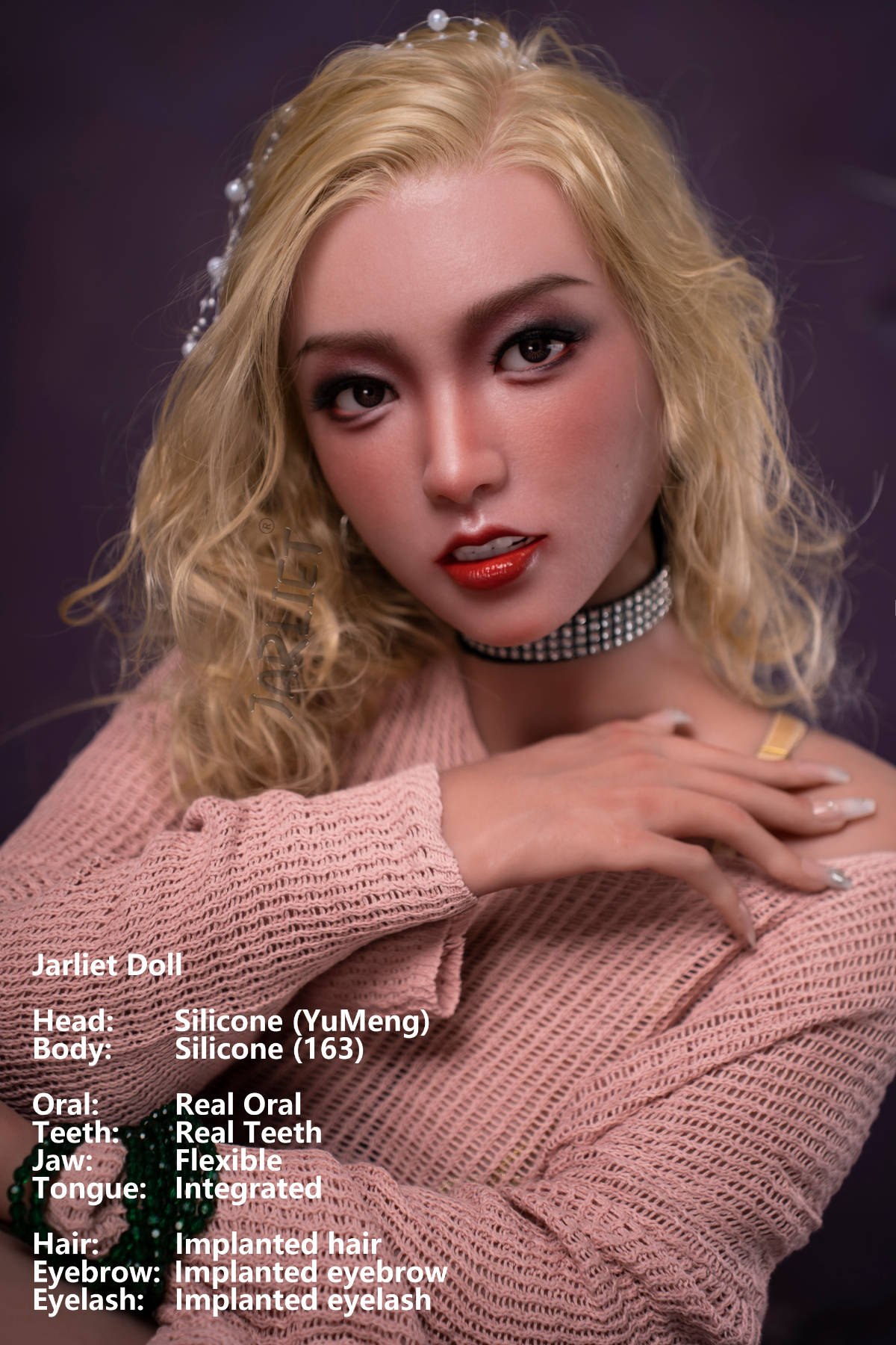 Jarliet Doll 163 cm D Silicone - YuMeng close-up portrait, wavy platinum blonde hair, pink knit sweater, choker with a pink gem bow detail, red lips, moody purple studio backdrop