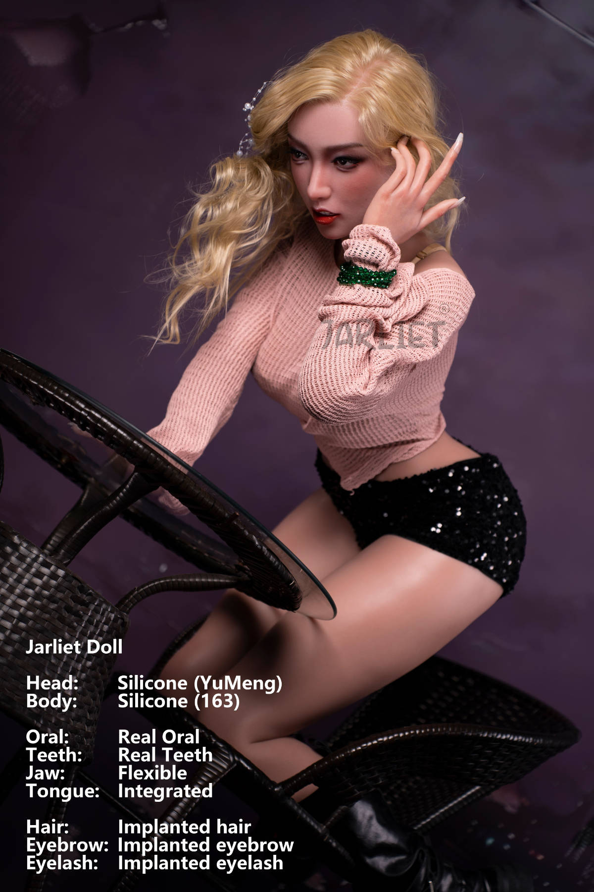 Jarliet Doll 163 cm D Silicone - YuMeng seated pose in the pink sweater and black skirt at a different angle, purple backdrop