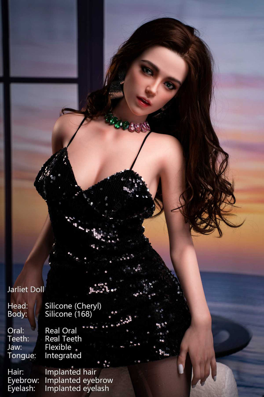 Jarliet Doll 168 cm D Silicone - Cheryl with brunette hair wearing a sexy black sequin dress by window, with sunset ocean view in the background.