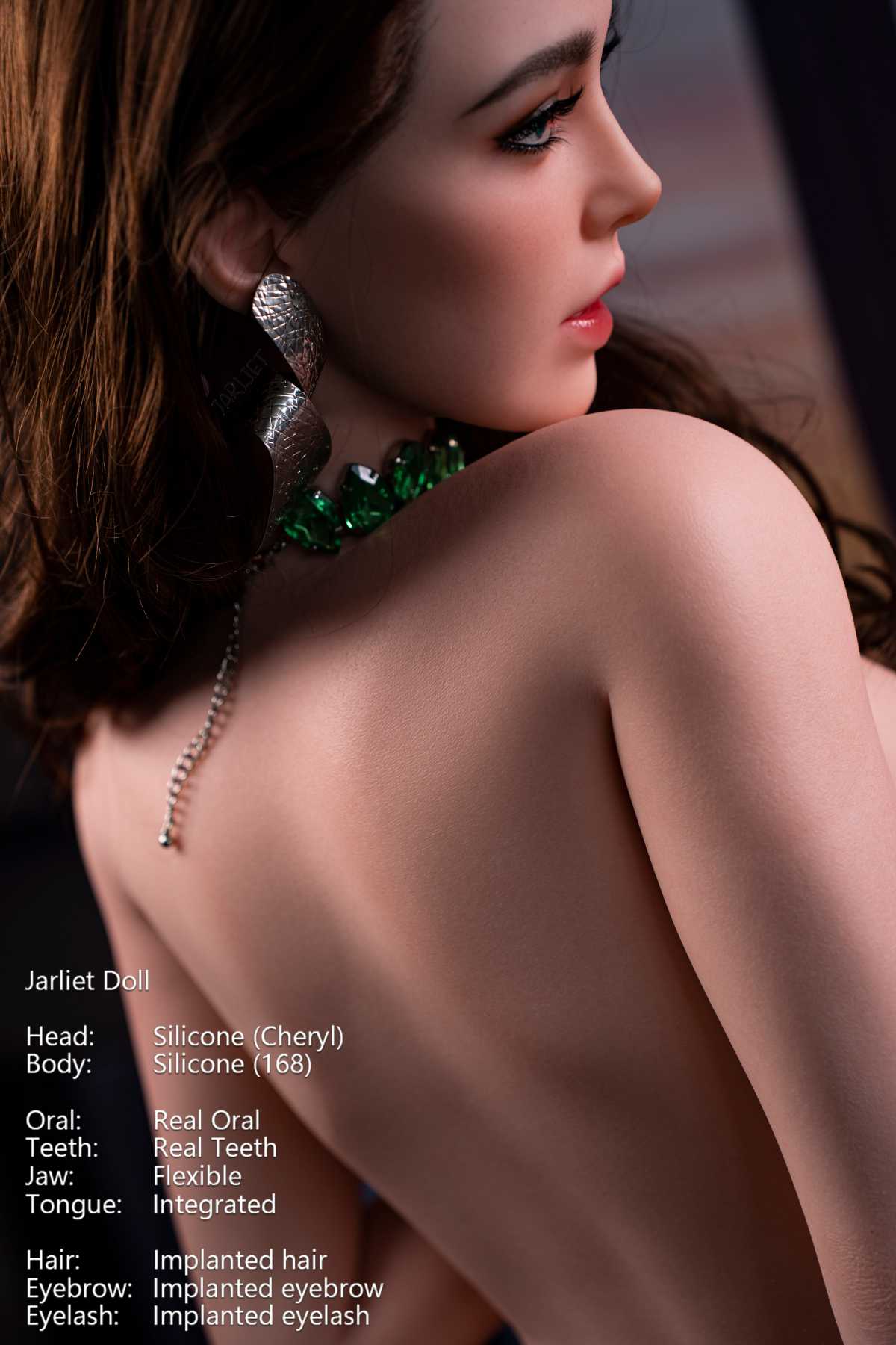 Jarliet Doll 168 cm D Silicone - Cheryl close-up back and shoulder features with emerald necklace and silver earrings, dim backdrop.