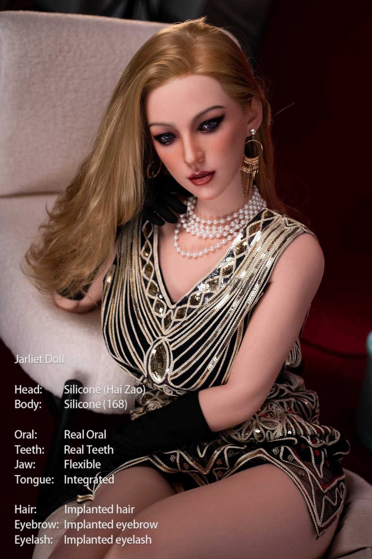 Jarliet Doll 168 cm D Silicone - Haizao seated pose in the sequined dress at a different angle, black opera gloves, white settee