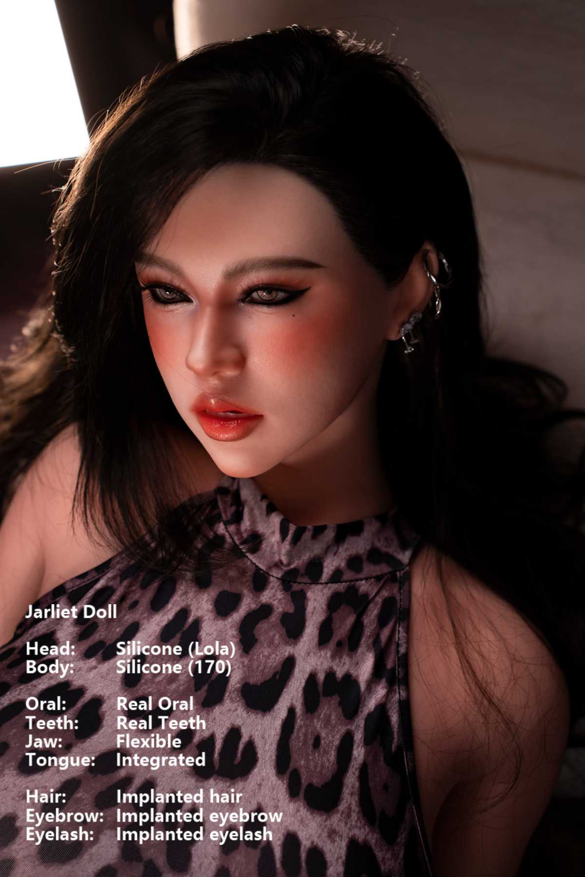 Jarliet Doll 170 cm G Silicone - Lola close-up details side view, dim indoor background.