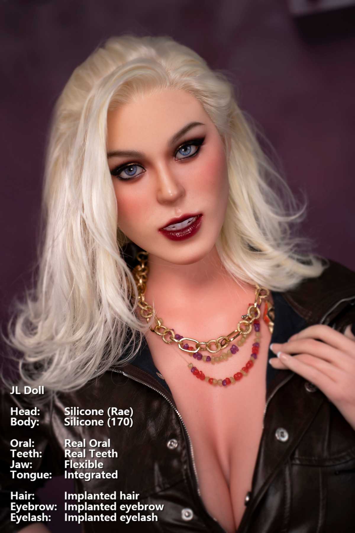 Jarliet Doll 170 cm G Silicone - Rae close-up details wearing open leather jacket against purple backdrop.
