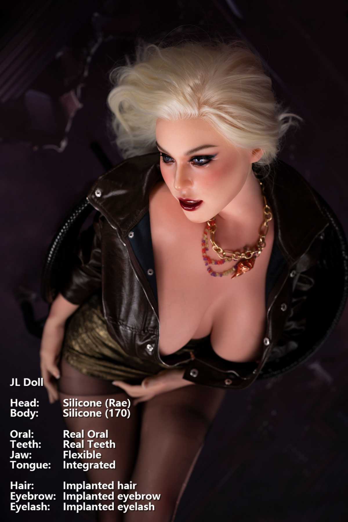 Jarliet Doll 170 cm G Silicone - Rae wearing an open jacket with gold mini skirt, overhead angle pose against a dark purple background.