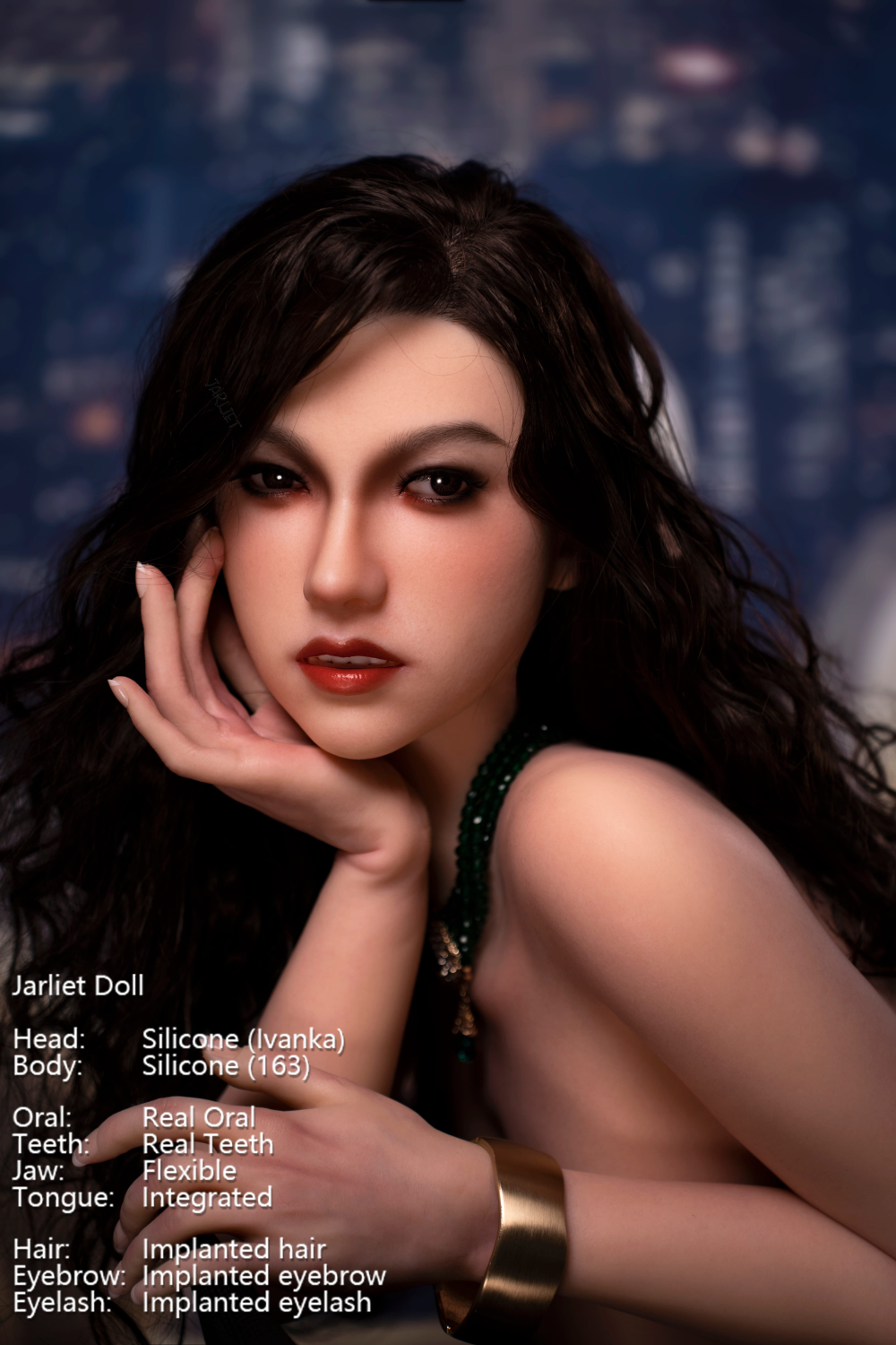 Jarliet Doll 163 cm D Silicone - Ivanka with detailed features against a blurred cityscape background