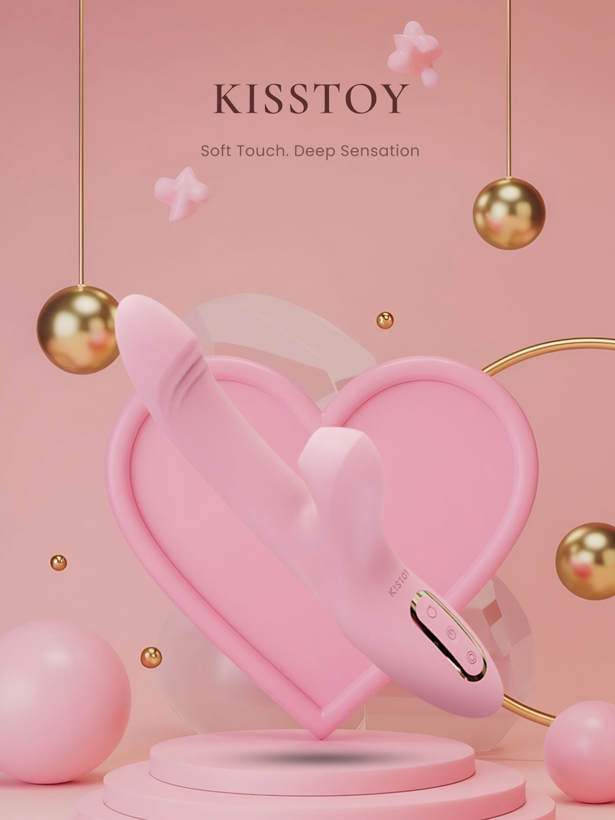 Pink heart-shaped sex toy with digital display on a pink background, featuring the brand 'KISSTOY'.