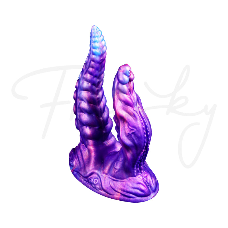 Kraken's Grasp: front view of the double tentacle dildo on white, showing its purple, pink and blue colours