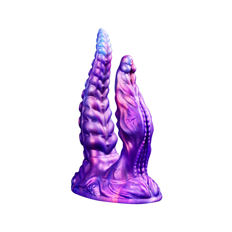 Kraken's Grasp: double tentacle fantasy dildo in swirled purple, pink and icy blue, with ridged texture, on white