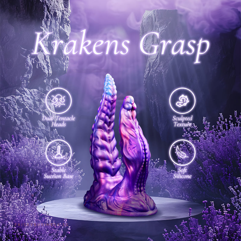 Kraken's Grasp: double tentacle dildo on a misty display in dark purple, with icons for its key features