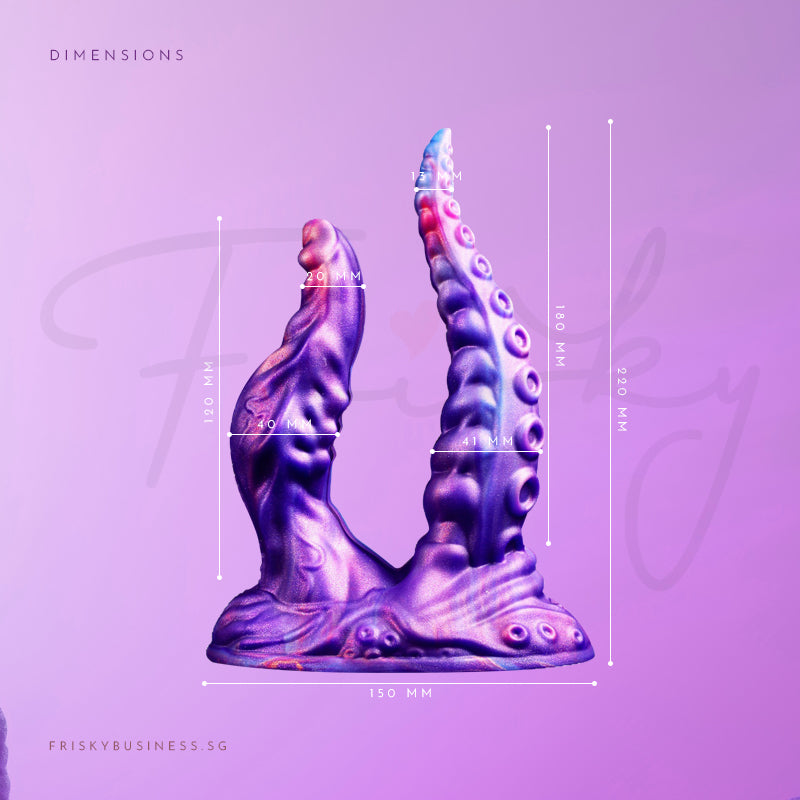 Kraken's Grasp: double tentacle dildo on a lilac background, with lines marking its height and width