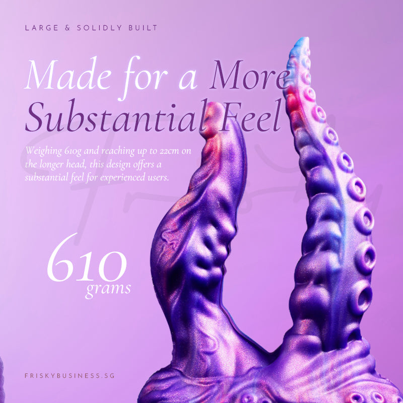 Kraken's Grasp: full view of the double tentacle dildo on lilac, highlighting its weight and substantial feel