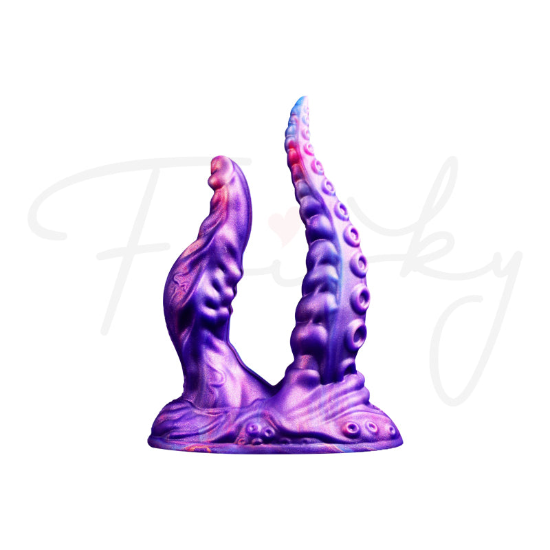Kraken's Grasp: double tentacle dildo from the side on white, showing the curve of both tentacles