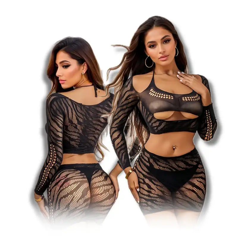 Bodystocking - 2 Pcs Lady Black Nylon Hollow Breathable Fishnet Lingerie - Frisky Business Adult Sex Toys Shop