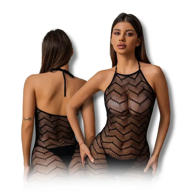 Bodystocking - 1 Pc Sexy Black Backless Fishnet Short Dress Lingerie - Frisky Business Adult Sex Toys Shop