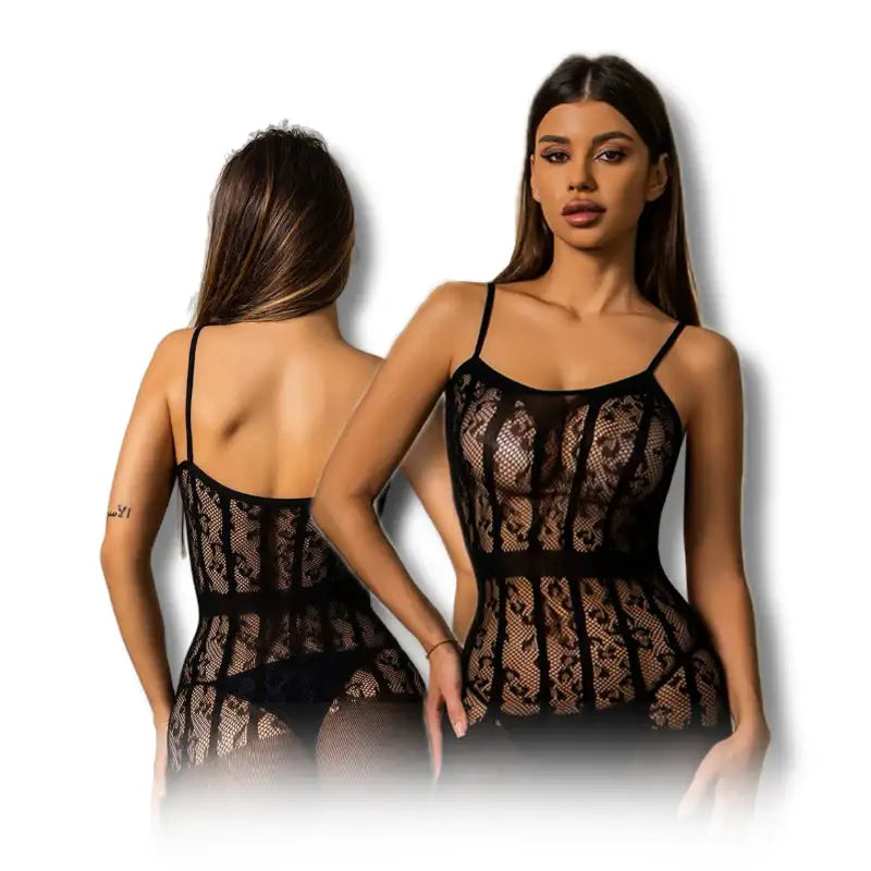 Bodystocking - 1 Pc Sexy Black Leopard Patches Spaghetti Strapes Fishnet Dress Lingerie - Frisky Business Adult Sex Toys Shop