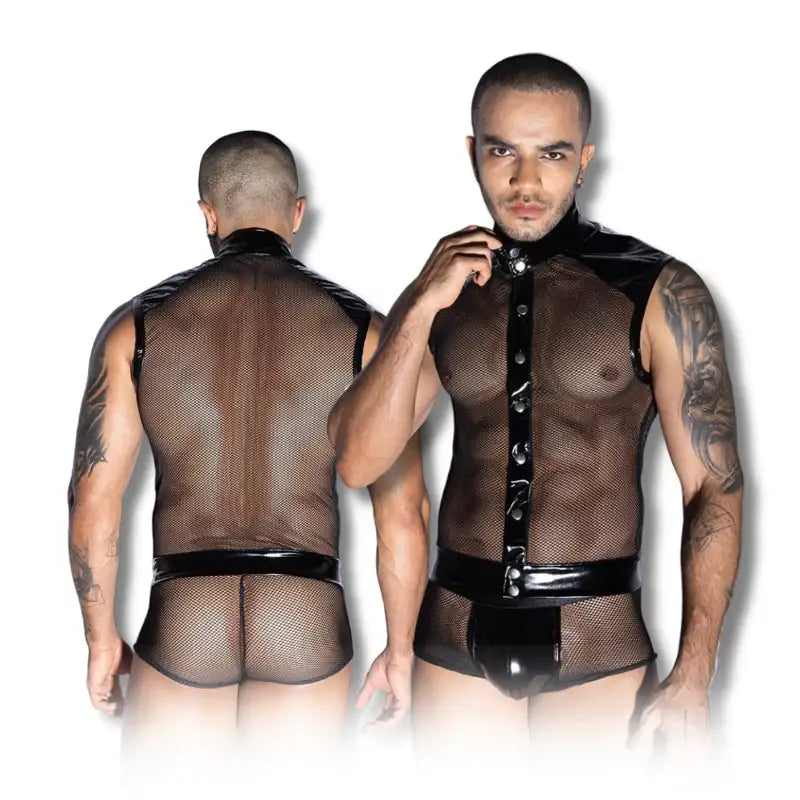 Gentsuit - 2 Pcs Black Open-Button Fishnet Men Costume with Sexy Underwear - Frisky Business Adult Sex Toys Shop
