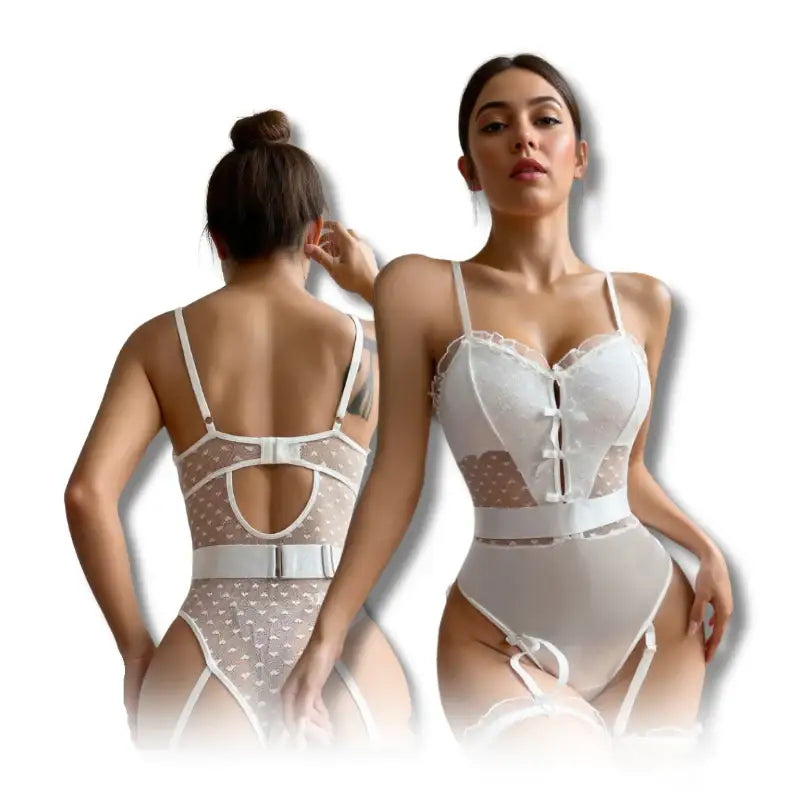 Teddy - 1 Pc White Lace Sexy Female Lingerie with Ruffled Straps and Leg Garter - Frisky Business Adult Sex Toys Shop