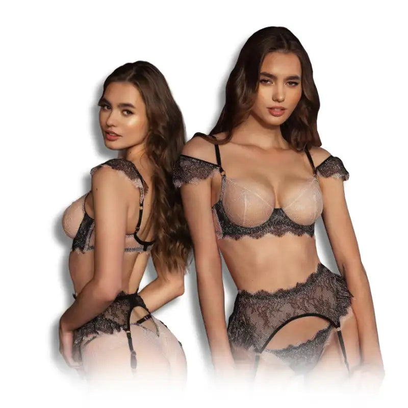 Bra Set - 3 Pcs See-Through Lady Lingerie with High Waist Ruffled Garter Belt and Thongs - Frisky Business Adult Sex Toys Shop