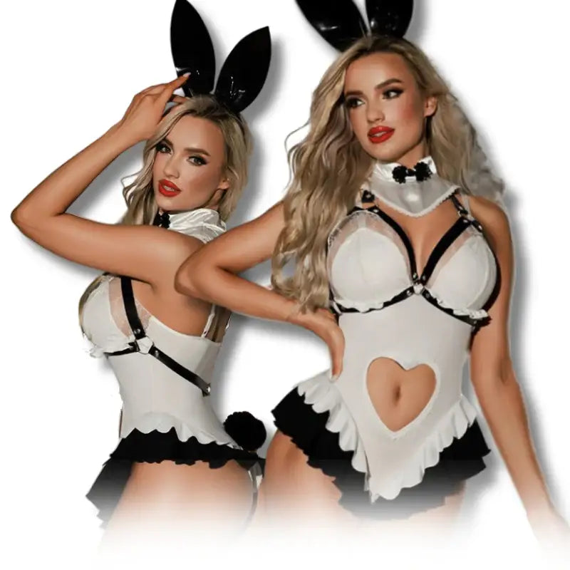 Bodysuit - 4 Pcs Cute Bunny Girl Lingerie with Heart Cut Out High Waist Underwear and Accesories - Frisky Business Adult Sex Toys Shop