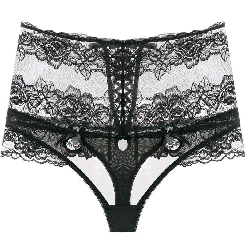 Panties - Black High Waist Strappy Floral Lace Underwear - Frisky Business Adult Sex Toys Shop