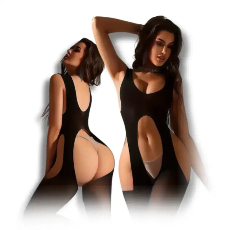 Bodystocking - 1 Pc Sexy Black Hollow Lady Lingerie with Open Crotch and Elastic Sheer Stockings - Frisky Business Adult Sex Toys Shop