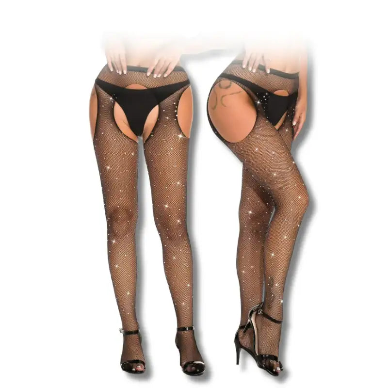 Stockings - 1 Pc Sexy Black Rhinestone Fishnet Lady Garter Stockings with Open Sides and High Waist Cut - Frisky Business Adult Sex Toys Shop
