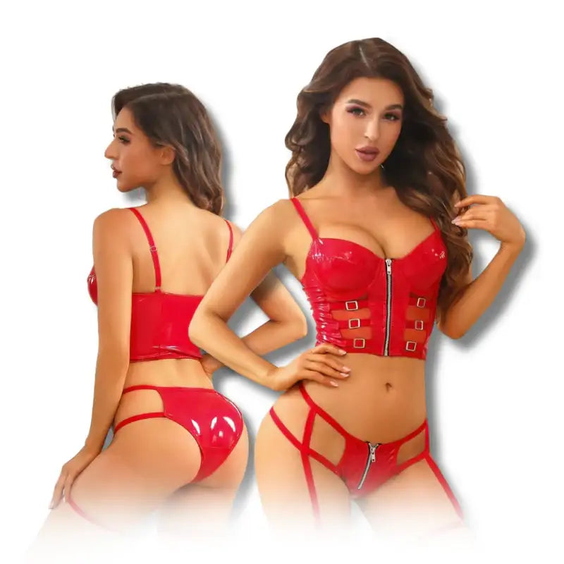 Bodysuit - 2 Pcs Red PU Leather Corset Top with Sexy Panty - Frisky Business Adult Sex Toys Shop