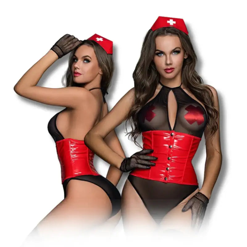Roleplay Set - 6 Pcs Black and Red Sexy Nurse Bodysuit Lingerie with Fishnet Stockings and Accessories - Frisky Business Adult Sex Toys Shop