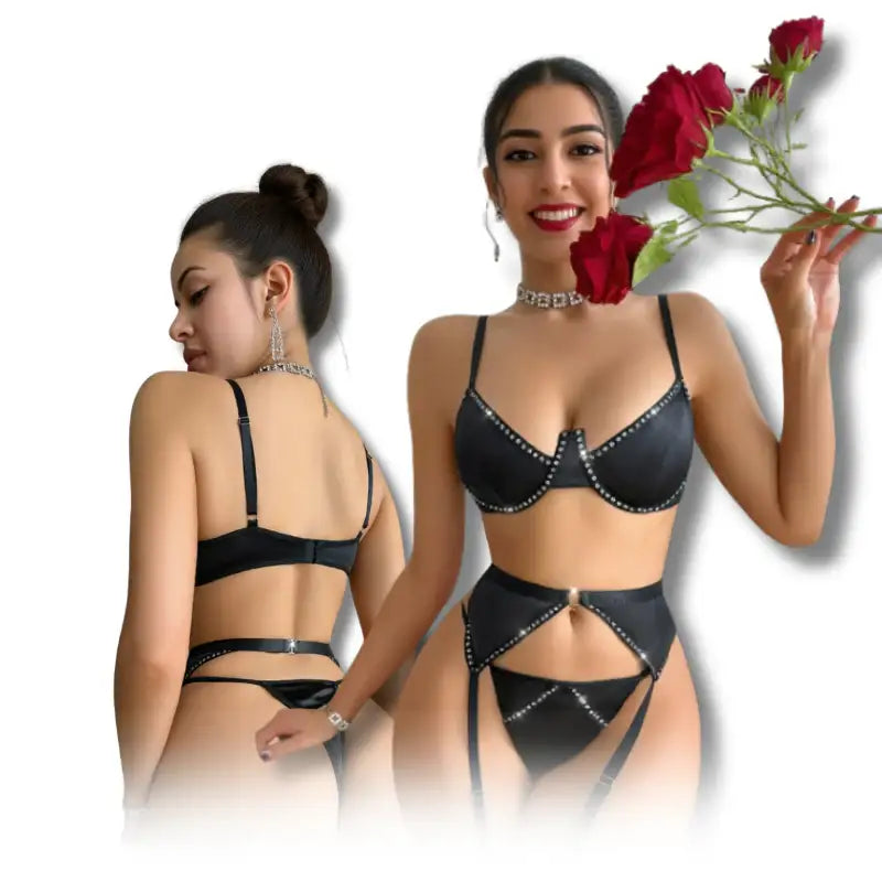 Bra Set - 3 Pcs Black Shining Lingerie Set with Garter - Frisky Business Adult Sex Toys Shop