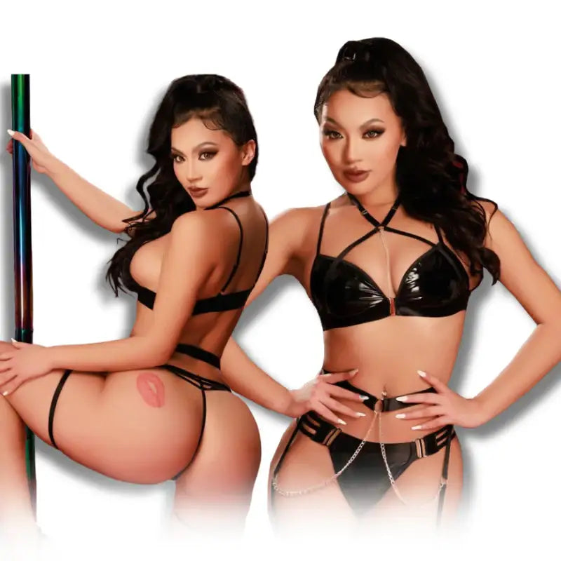 Bra Set - 3 Pcs Black Strappy Faux‑Leather Lingerie with Strappy Bra and Adjustable Garter Belt - Frisky Business Adult Sex Toys Shop