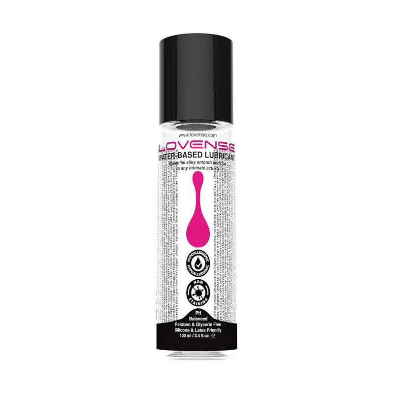 A bottle of Lovense Water-Based Lubricant with a black cap and a white label featuring a prominent pink droplet logo, set against a plain white background.