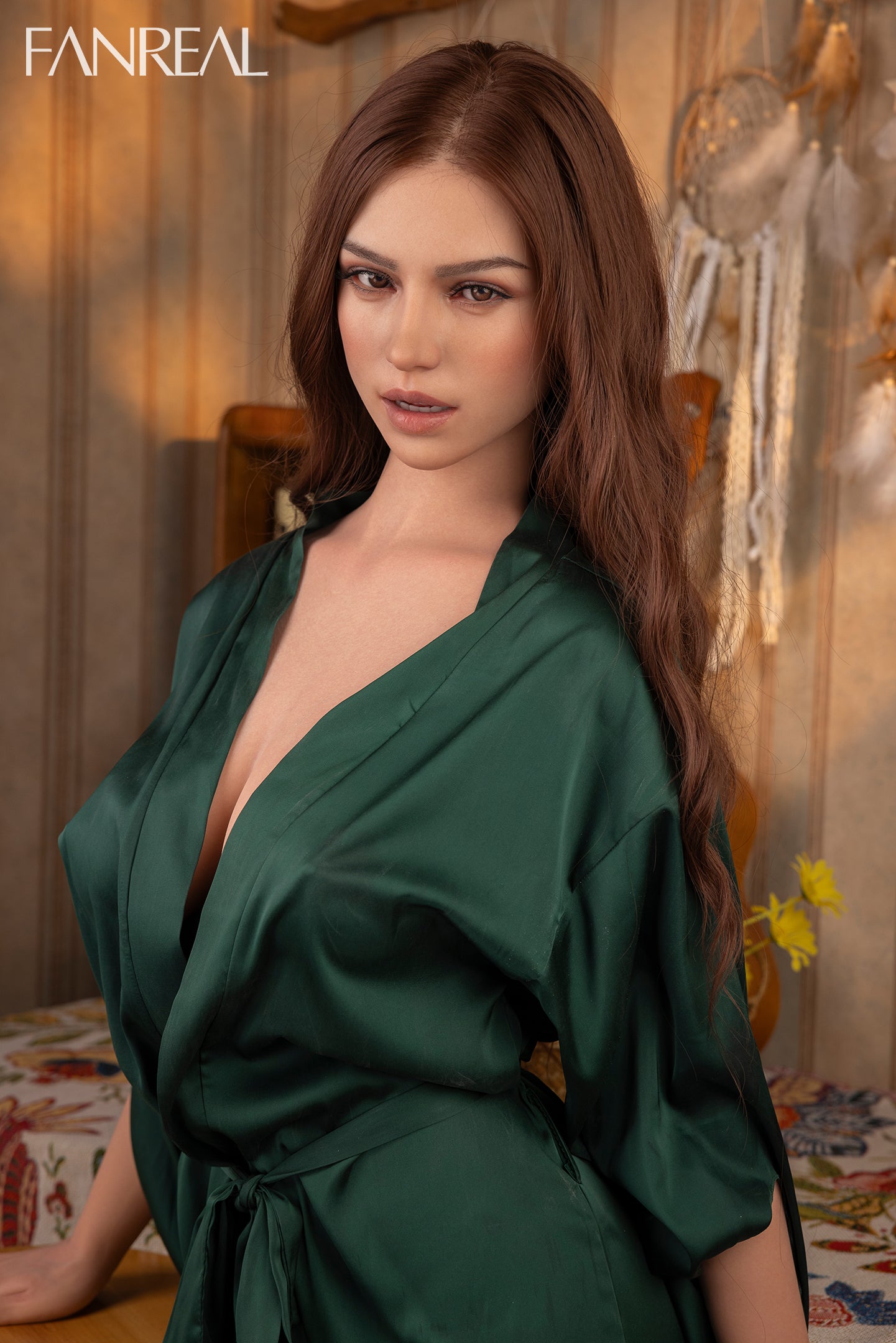 A side-angle view of FANREAL Doll Mirella, a 155cm F-cup silicone sex doll with real skin texture, posing in a green satin robe against a warm interior backdrop.
