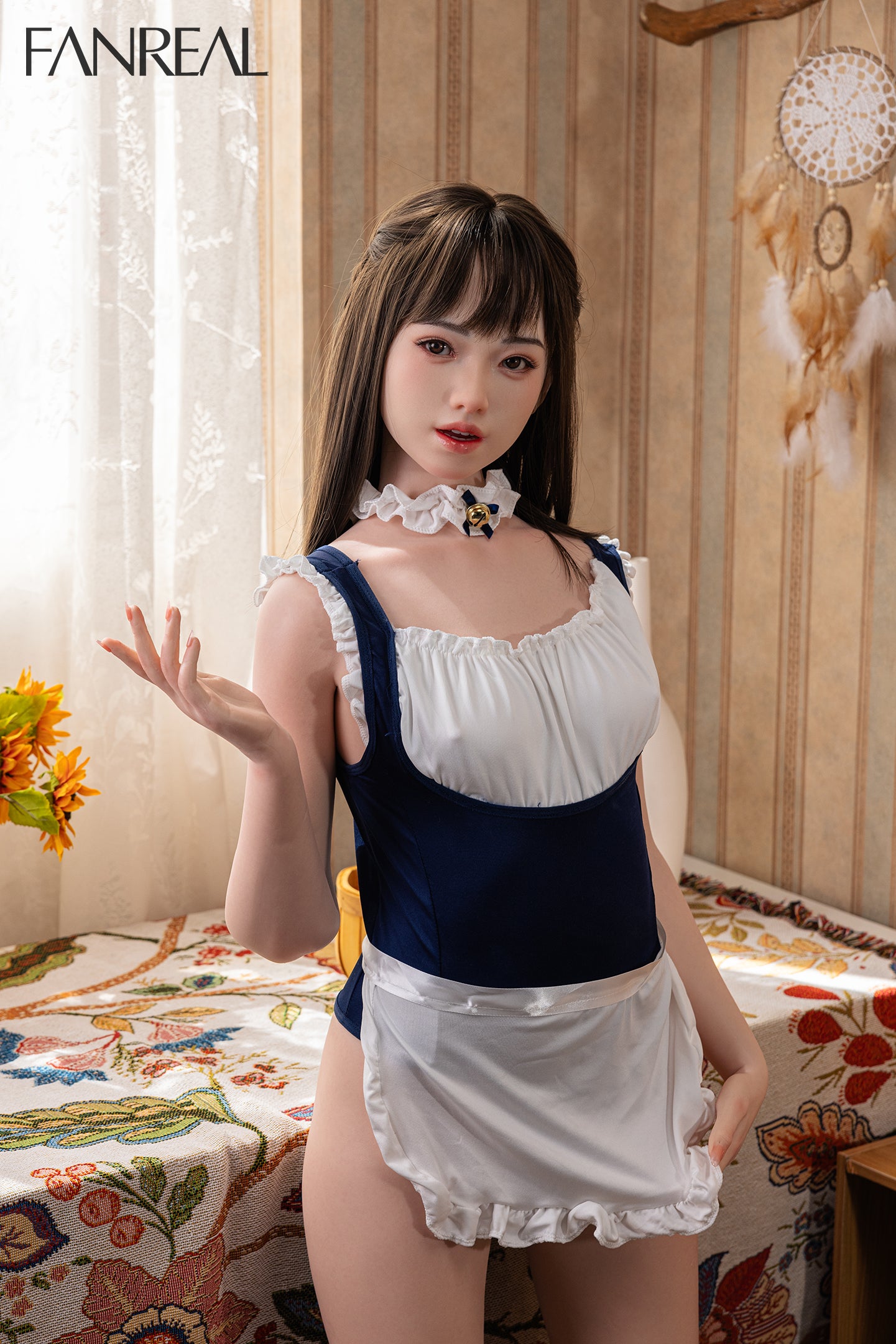 FANREAL Doll Molly V3 – 153cm B-Cup Realistic Silicone Sex Doll posed standing, wearing a blue and white maid-style outfit.