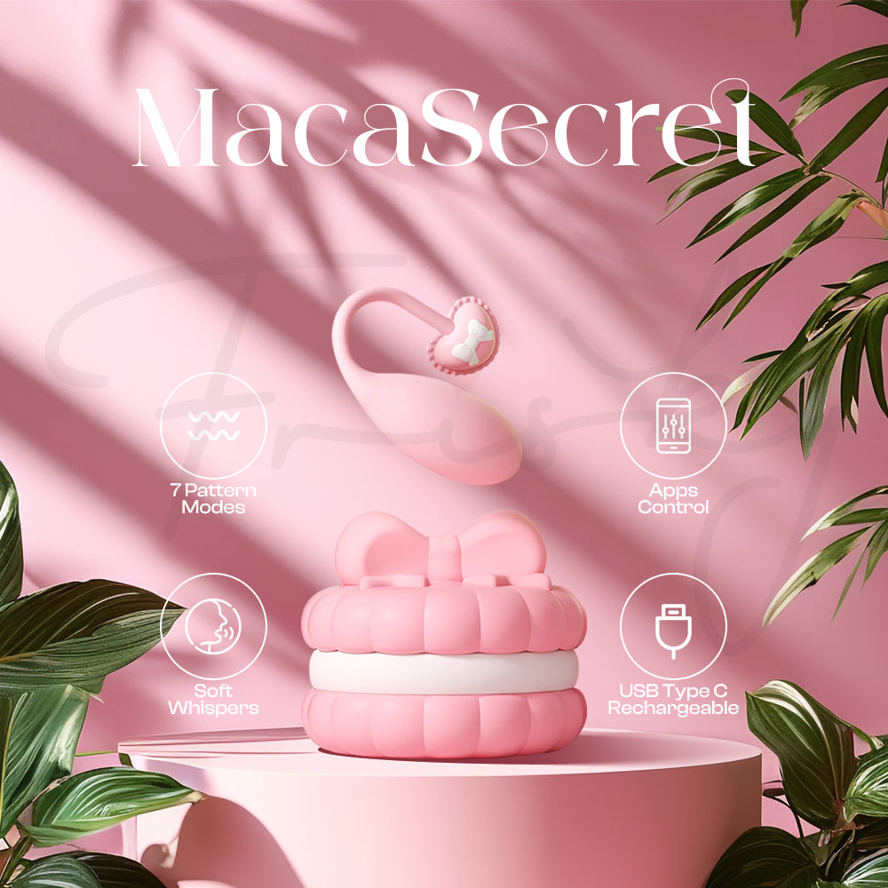 Stylish MacaSecret vibrator displayed with soft pink aesthetic and floral background