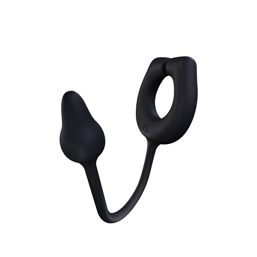 Black silicone vibrating ring with attached plug, flexible dual-stimulation design